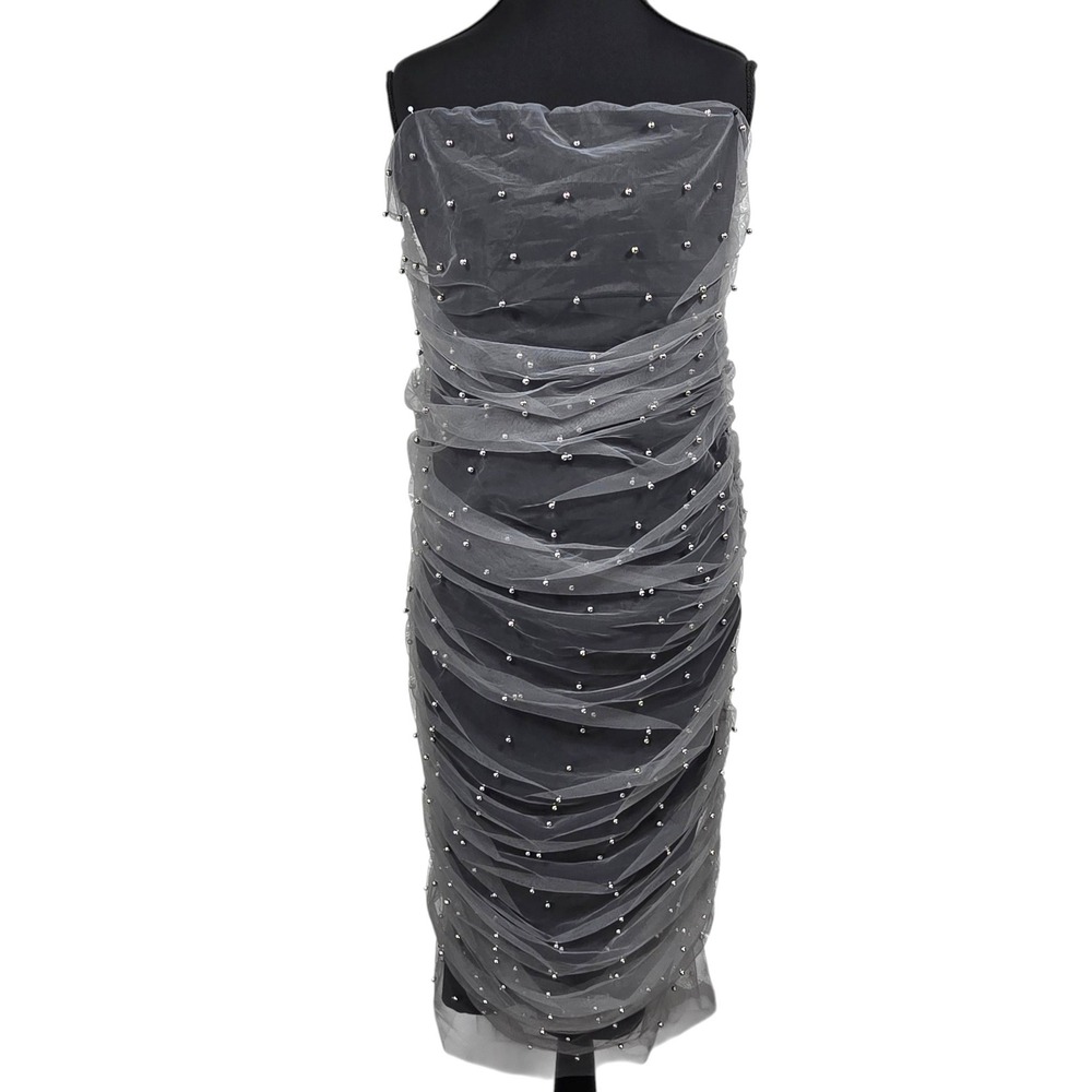 Zara Grey Ruched Tulle Mesh Beaded Strapless Midi Dress Black Bodycon Large Chic
